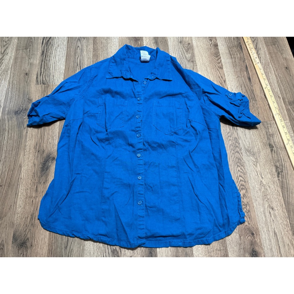 Just My Size Shirts Women Size 1X Teal Star Shirt Short Sleeve Button Up
